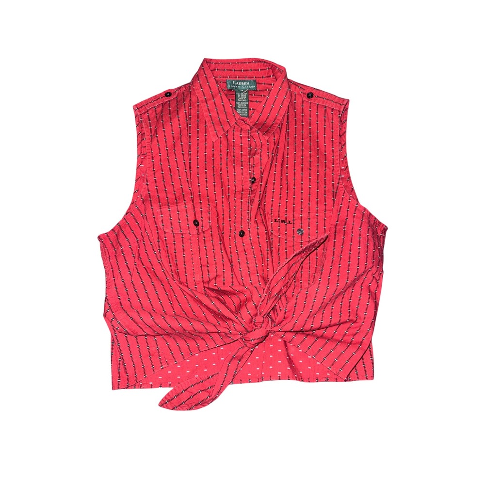 Ralph Lauren Western Red  Sleeveless Tie Front Button Down Shirt Women's 16 EUC